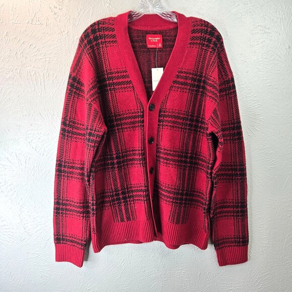 NWT Rare Abercrombie Cardigan Sweater M Red Black Plaid Knit Button Front Preppy - Picture 1 of 14